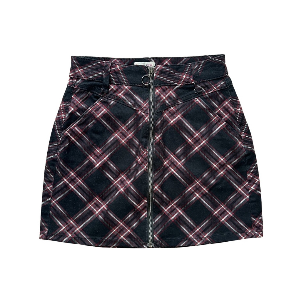 Plaid Zip Front Mini Skirt Size 1/25 High Rise Burgundy Black